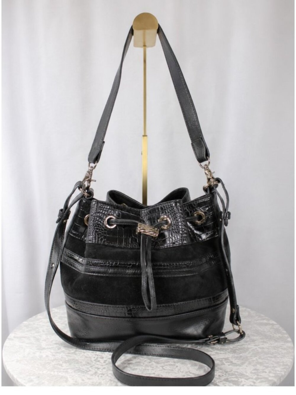 Brahmin Black Leather Bucket Bag Croc Embossed Suede Convertible Crossbody